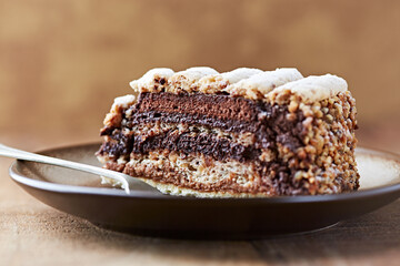 Piece of chocolate cake on rustic background. Close up. 