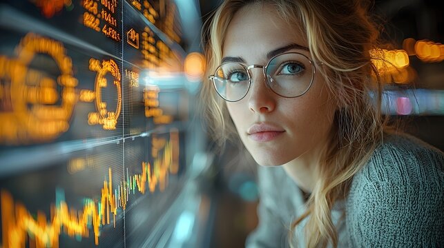 Woman analyzing market data on a futuristic display