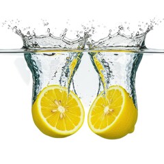Fresh lemons splashing into water creating vibrant splash effect