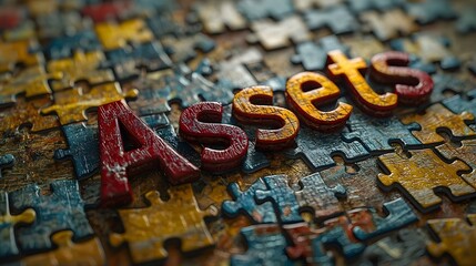Naklejka premium Puzzle pieces forming the word Assets symbolize business strategy