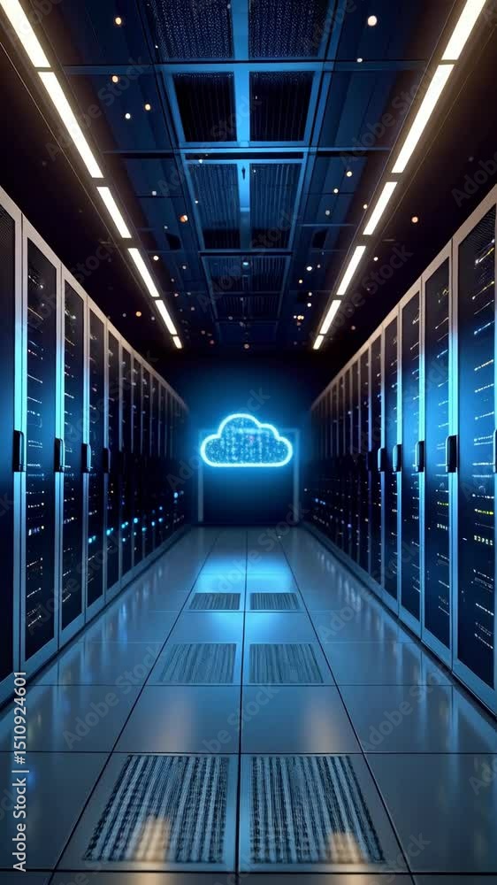 Poster server room environment showcasing data storage racks with a glowing neon cloud symbol, illuminated 