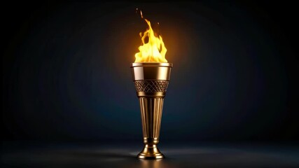 Golden ceremonial torch with bright fire flame burning against dark background illuminating the night for athletic event and historical inspiration