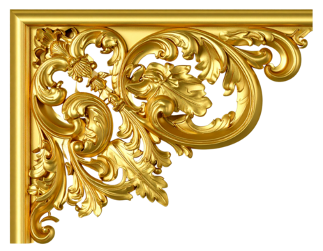 3D Rendered Golden Baroque Frame Corner with Carved Leaf Details