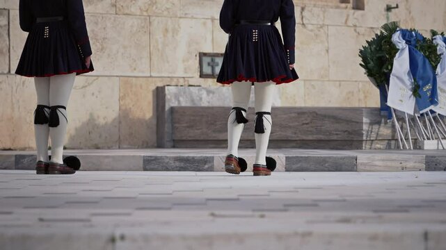 Evzones in front of the Monument of the Unknown Soldier, next to the Greek Parliament, Syntagma square, aerial shot