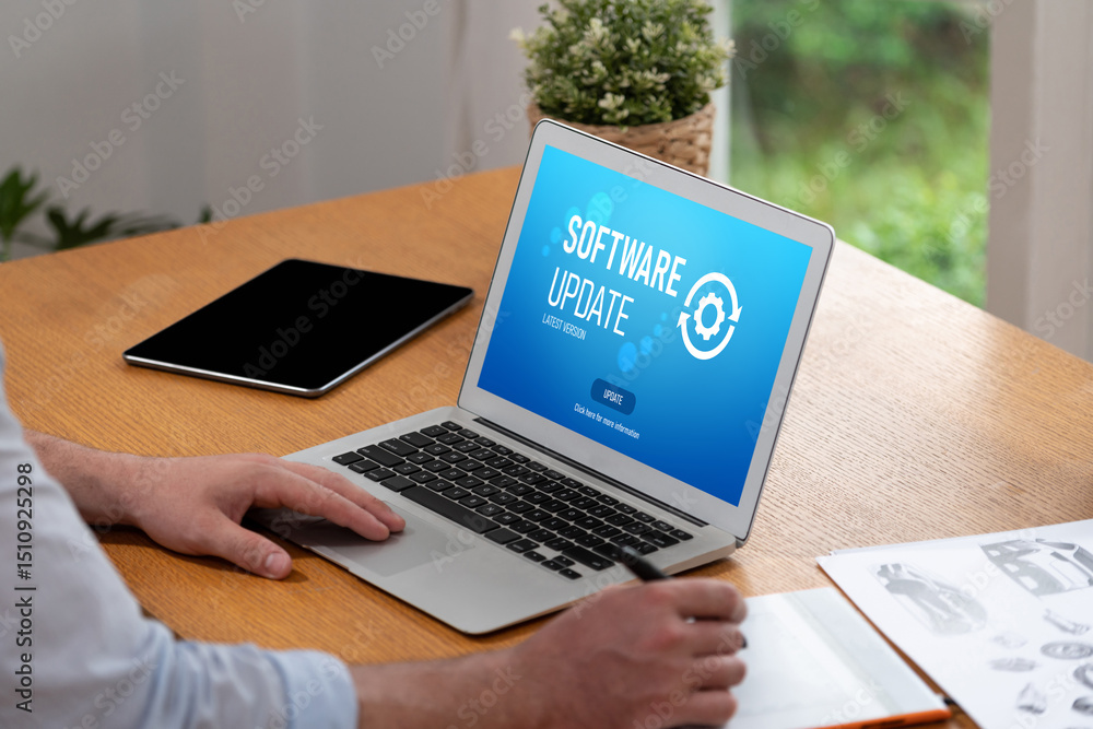 Poster software update on computer for brisk version of device software upgrade