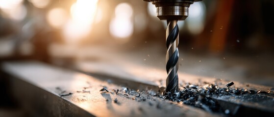 Closeup of a metal drill bit drilling into steel, creating metal shavings in a workshop Concept of manufacturing, industry, and precision