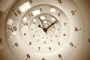 Vintage retro white spiral clock dial with arabic numerals. Concept of Infinite time, deadline, scheduling, time and space, past, present and future.