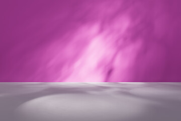 Studio background for display product. Empty room with shadows, caustics and soft lighting for product presentation. Minimalistic showcase for advertisement with purple wall and grey floor.