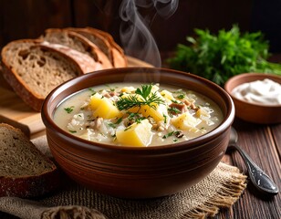 Creamy soup with bread