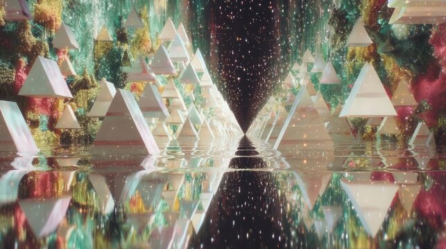 Futuristic fantasy is depicted in a night landscape with abstract elements, an island, and a moon, all aglow with neon, moonlight, and radiance, amidst a dark natural setting and water reflections