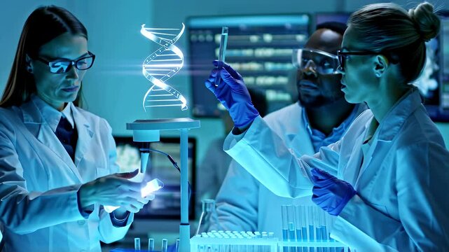 Three diverse scientists working in modern laboratory, examining holographic projection of dna double helix and analyzing test tubes with blue liquid - Powered by Adobe