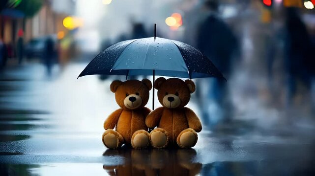 Two teddy bears huddled under a small umbrella in a rainy street