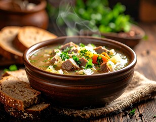 Hearty soup in a rustic bowl