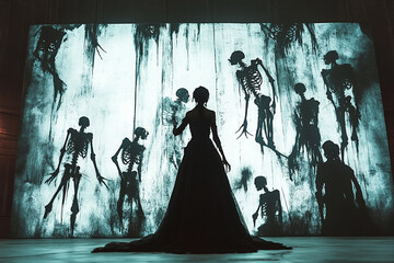 Silhouette of a necromancer surrounded by skeletons