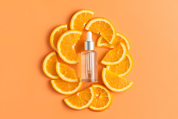 A skincare serum bottle surrounded by orange slices on a vibrant orange background presenting a natural cosmetic concept.