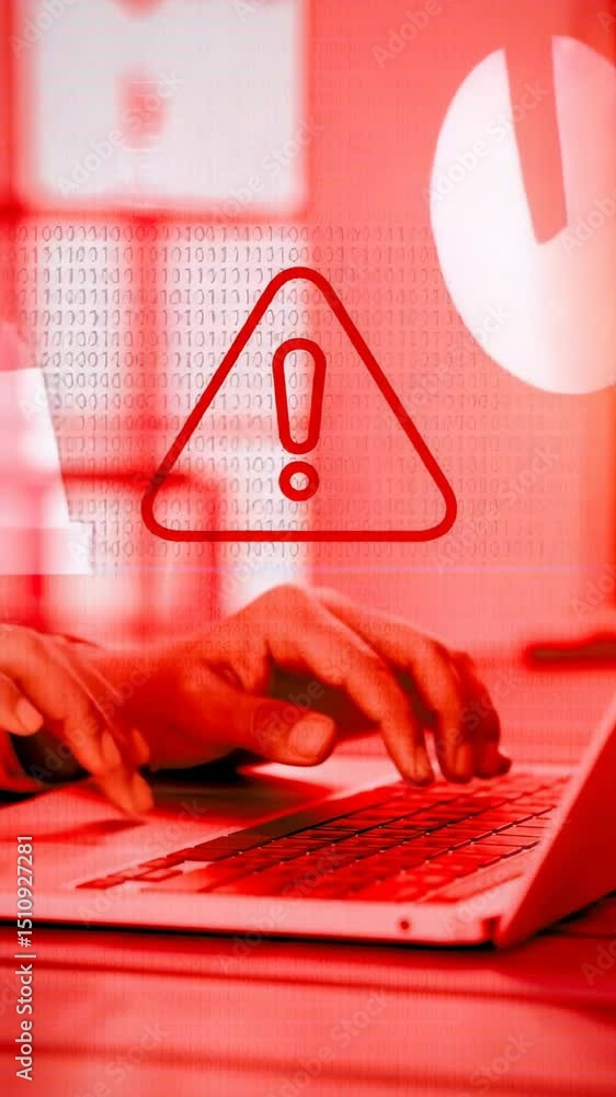 Poster a red warning alert with exclamation point appears during computer use, a digital security risk.