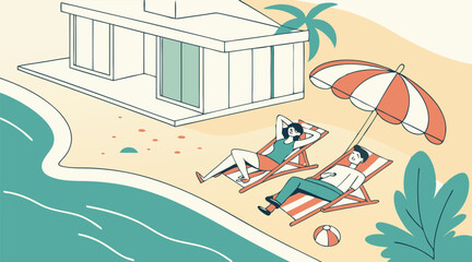 "Modern Beach House Vacation – Couple Relaxing Under Umbrella Vector"