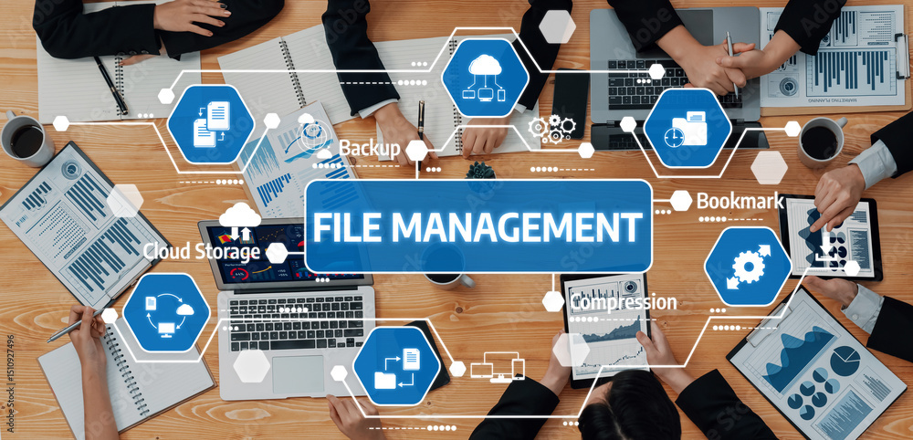Poster explore essential file management concepts illustrated through a collaborative workspace, showcasing