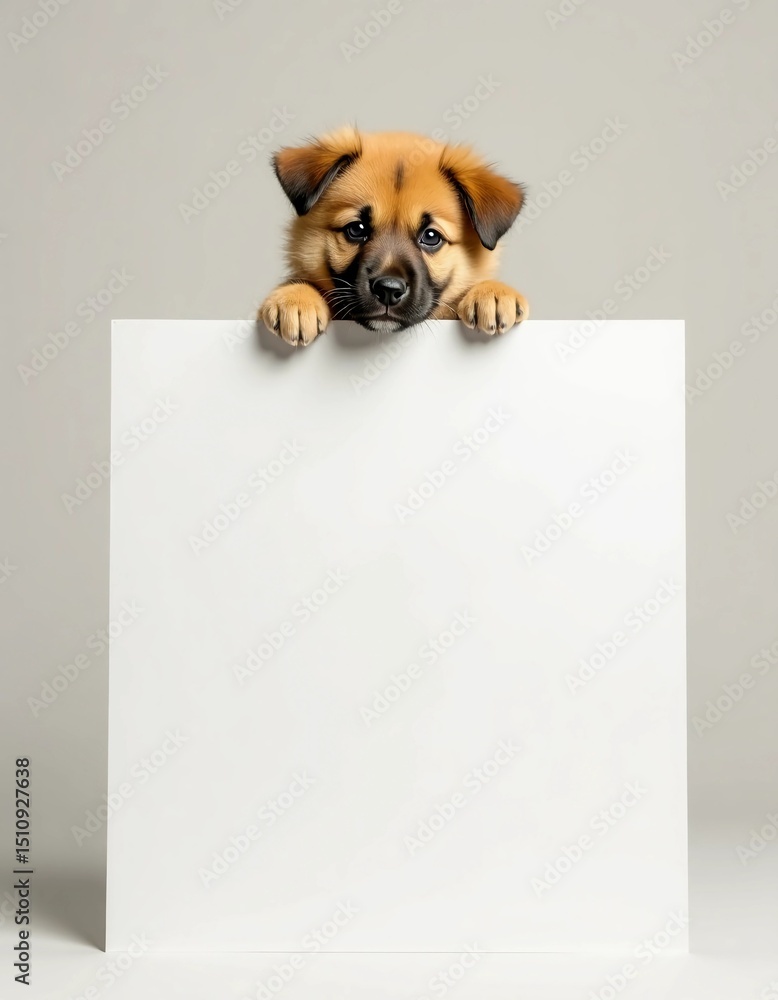 Poster a playful puppy looks curiously over an empty poster laid flat, its paws resting on the edge. the li