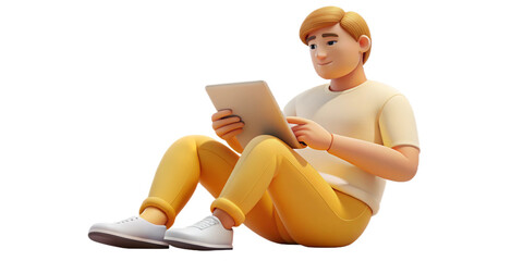 Man sitting and reading on a tablet, isolated on transparent background
