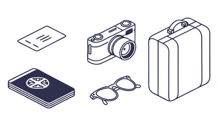 "Essential Travel Items: Passport, Luggage, Camera, Sunglasses & Ticket Illustration"