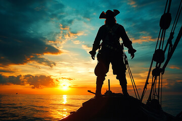 Silhouette of a pirate captain standing on a ship s bow