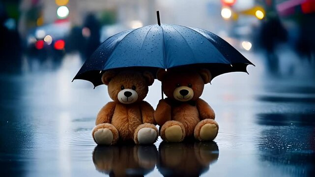 Two teddy bears huddled under a small umbrella in a rainy street