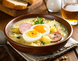 Creamy soup with eggs and sausage