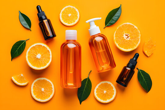 Vitamin c serum and orange slices flat lay composition demonstrating natural skincare ingredients on a vibrant orange background