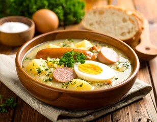 Bowl of hearty soup with bread and eggs