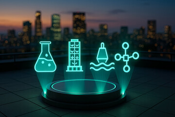 Holographic Chemistry Flask and Farming Tower Glow Above Urban Rooftop at Sunset