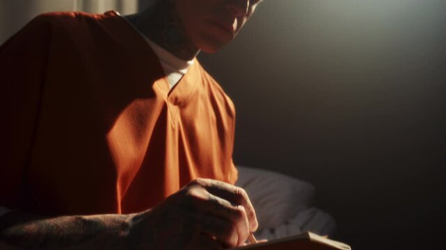 Tattooed inmate with shaved head wearing in orange uniform, sketching on paper with pencil during day in sunlit prison cell. Tilt-up shot
