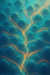 Glowing Forest Network with Trees Connected by Energy Lines