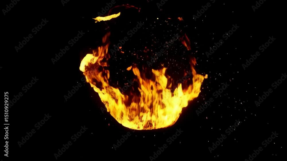 Poster ring of fire with dynamic blazing flames and fiery sparks against black backdrop, abstract energy sh