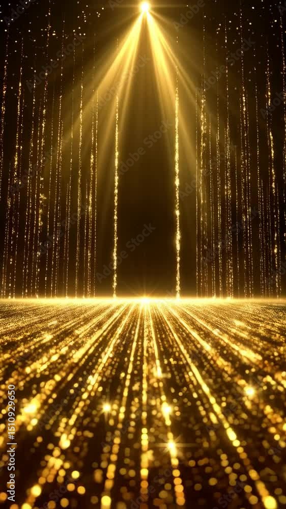 Poster elegant stage backdrop with shimmering golden light beams and sparkling particles creating a luxurio