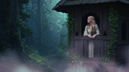 Mystical elf girl holding a glowing ancient book in a foggy forest cabin – ethereal fantasy atmosphere with cinematic clouds