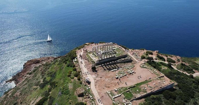 Cape Sounio, Poseidon temple archaeological site, Attica, Greece, aerial drone view