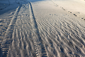 Sand on the beach with various marks, natural waves formed by the wind, car tires and human footprints and animal footprints, the sand has a slight golden hue from the rising sun