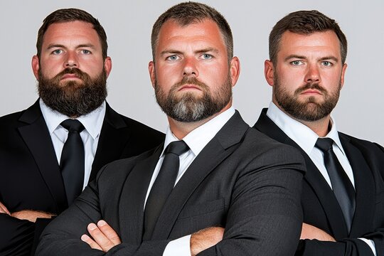 Three men with beards in black suits and ties stand against a light gray background, arms crossed, serious expressions. Studio portrait with neutral lighting.