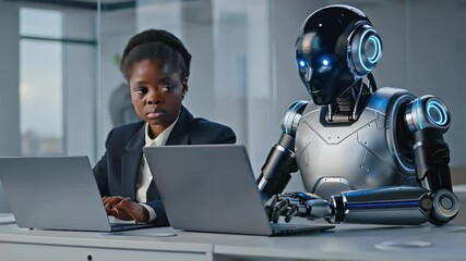 Young adult african businesswoman and humanoid robot working together and collaborating in modern office, typing on laptops and showcasing the integration of humans and artificial intelligence at work