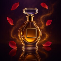 Luxury Perfume Bottle with Golden Liquid and Rose Petals on Dark Background