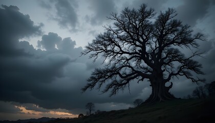 Silhouette of a Weathered Tree Against a Dramatic Stormy Sky
