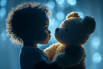 Silhouette of a toddler holding a teddy bear