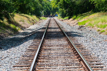 Fototapeta premium Railroad tracks that show to a vanishing point. 