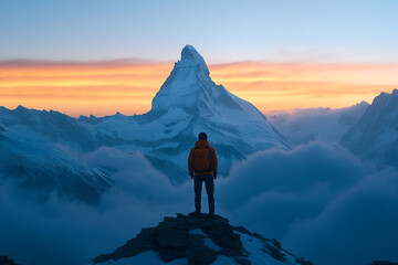 Silhouette of a traveler standing on a mountain peak