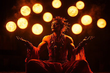Silhouette of a trickster god juggling glowing orbs of chaos