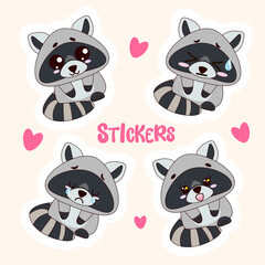 Cute Wild Raccoon Sticker Set.