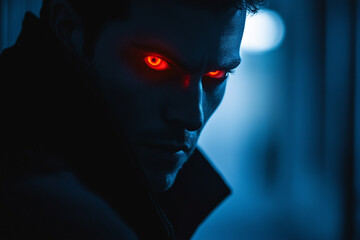 Silhouette of a vampire lurking with glowing red eyes