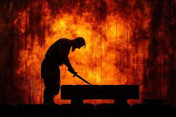 Silhouette of a Viking blacksmith forging a weapon