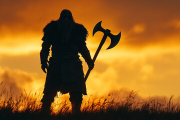 Silhouette of a Viking warrior holding a double-headed axe
